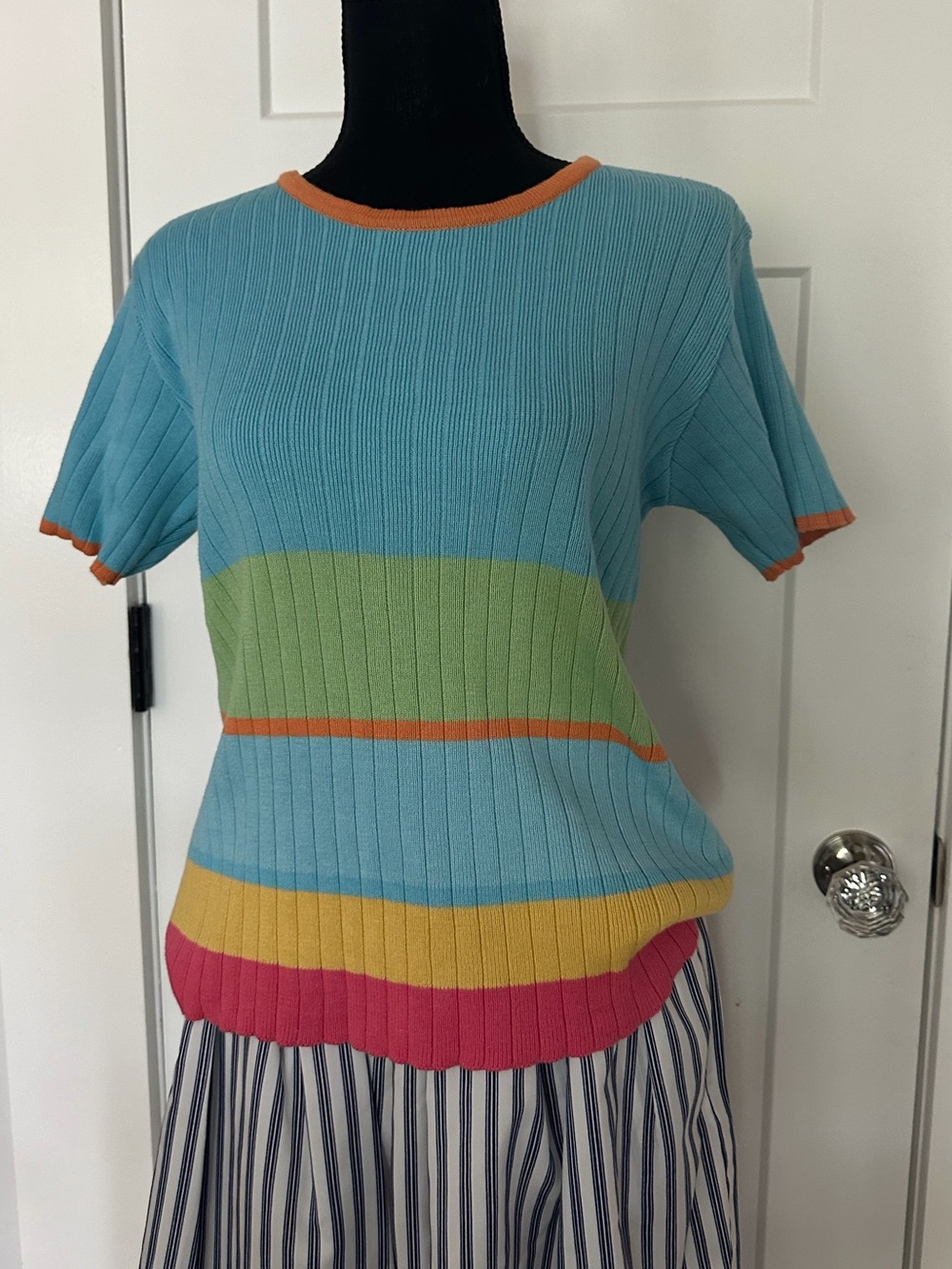 Liz Claiborne Sky Blue Ribbed Short-Sleeve Top with Multi-Color Stripes